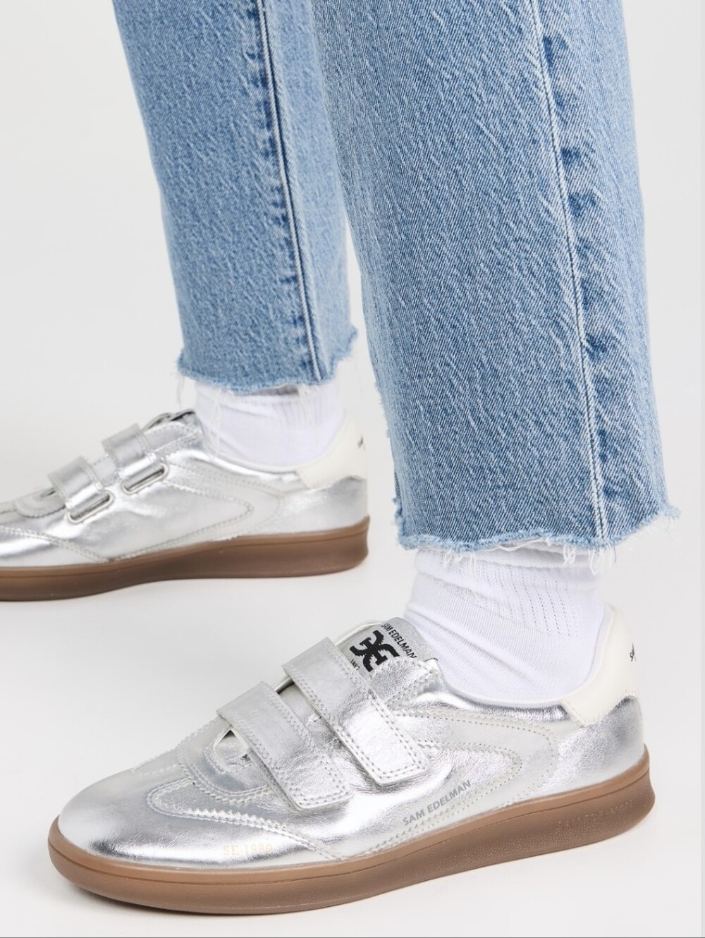 Sam Edelman Metallic Silver Leather Velcro Trainers